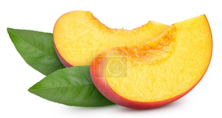 Foto de Peach fruit with leaf isolate. Peach slice, leaves on white. Peach clipping path. High End Retouching - Imagen libre de derechos