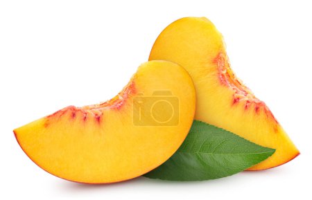 Foto de Peach isolated with leaves. Peach on white. Full depth of field. With clipping path - Imagen libre de derechos