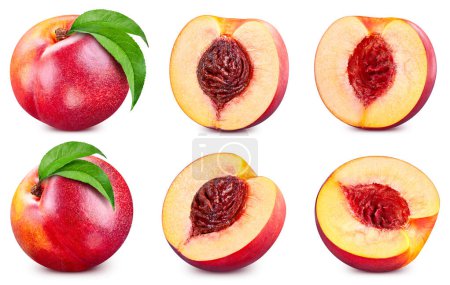 Photo for Isolated peach. Fresh organic peach with leaves isolated clipping path. Peach macro studio photo. - Royalty Free Image