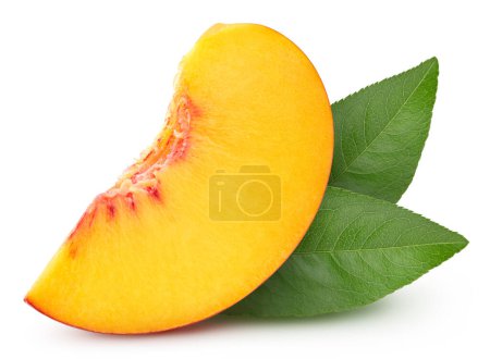 Photo for Peach fruit with leaf isolate. Peach slice, leaves on white. Peach clipping path. High End Retouching - Royalty Free Image