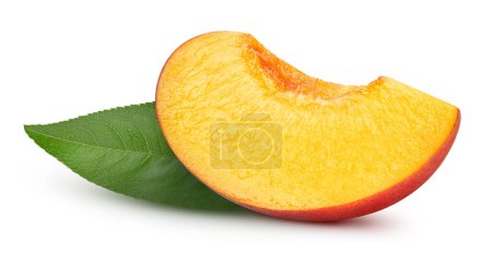 Foto de Peach fruit with leaf isolate. Peach slice, leaves on white. Peach clipping path. High End Retouching - Imagen libre de derechos