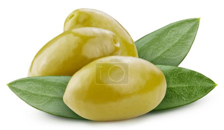 Foto de Olive vegetable with leaves. Olive isolated on white background. Olive clipping path. - Imagen libre de derechos
