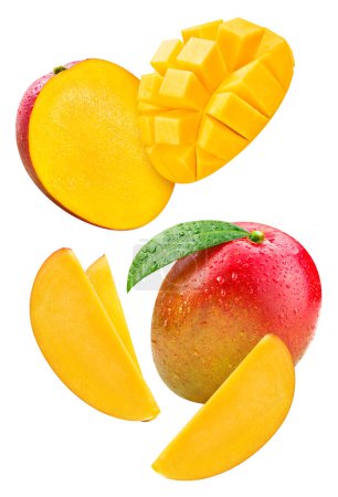 Foto de Rebanada de mango. Mango orgánico fresco con hojas aisladas sobre fondo blanco. Mango con camino de recorte - Imagen libre de derechos