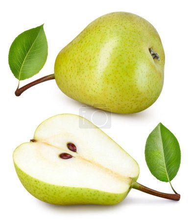 Photo for Pear collection with leaves isolated on white background. Pear clipping path. - Royalty Free Image