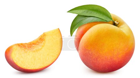 Reife ganze Pfirsich und Scheibe isoliert auf weißem Hintergrund. Peach Makro Studio Foto. Peach Clipping Path.