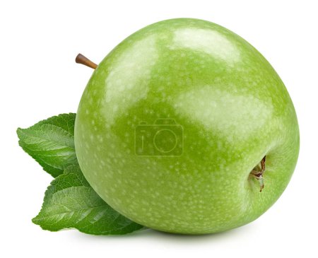 Foto de Manzana verde orgánica aislada sobre fondo blanco. Pruebe la manzana con hojas. Con camino de recorte - Imagen libre de derechos