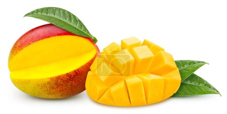 Photo for Mango slice. Fresh organic mango with leaves isolated on white background. Mango with clipping path - Royalty Free Image