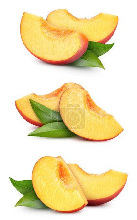 Photo for Peach slices collection with leaves isolated on white background. Peach clipping path. - Royalty Free Image