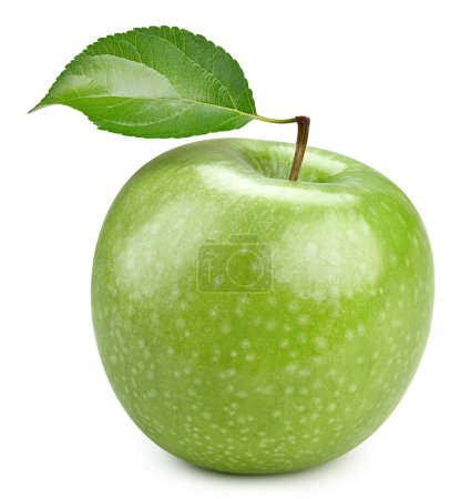 Green apple clipping path. Ripe whole apple with leaf isolated on white background. Apple macro studio photo