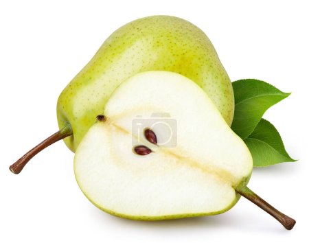Pear Clipping Path. Ripe whole pear with green leaf and half isolated on white background. Pear macro studio photo