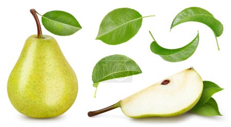 Photo for Pear collection with leaves isolated on white background. Pear clipping path. - Royalty Free Image