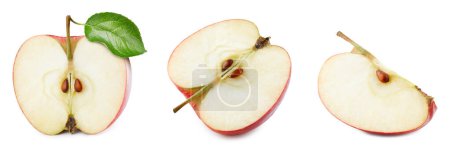 Photo for Isolated apple half and slice with leaf. Apple fruit and slice apple on white background with clipping path. High End Retouching - Royalty Free Image
