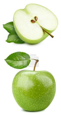 Photo for One green apple and a half piece isolated on white background with clipping path - Royalty Free Image