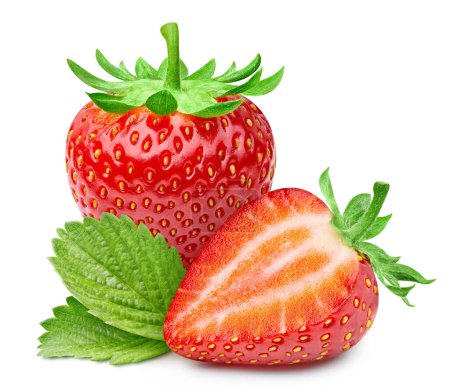 Photo for Strawberry with green leaf clipping path. Organic fresh strawberry isolated on white. Full depth of field - Royalty Free Image