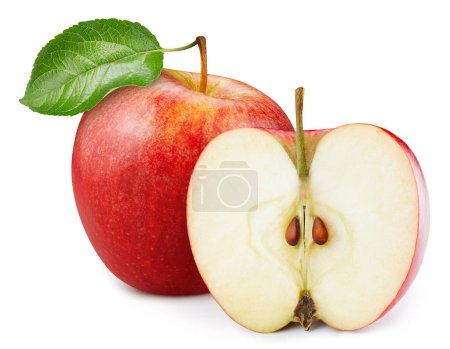 Foto de Ruta de recorte de manzana roja. Manzana entera madura con hoja verde y medio aislada sobre fondo blanco. manzana roja macro estudio foto - Imagen libre de derechos
