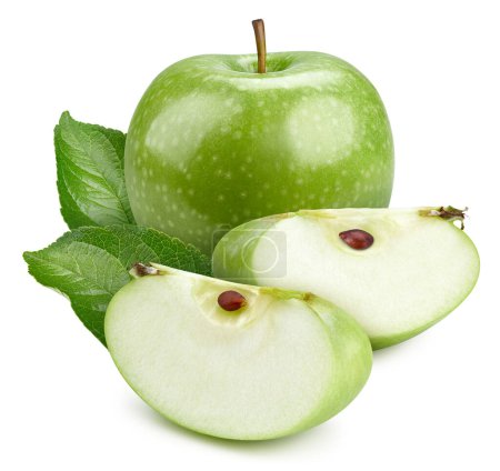 Téléchargez les photos : Pomme verte fraîche avec feuille verte et tranchée isolée sur fond blanc. Sentier de coupe. - en image libre de droit