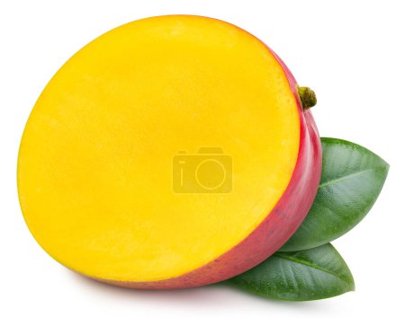 Téléchargez les photos : Mango Clipping Path. Ripe whole mango with green leaf and half isolated on white background. Mango macro studio photo - en image libre de droit
