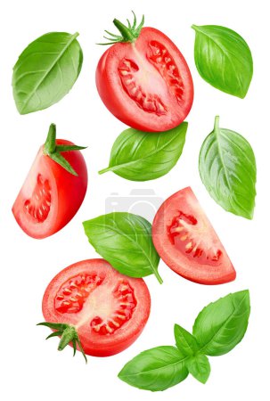Téléchargez les photos : Tomate biologique isolée sur fond blanc. Goûtez à la tomate avec feuille et chemin de coupe - en image libre de droit