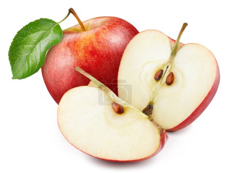Pomme rouge avec le chemin vert de coupe de feuille. Pomme fraîche biologique isolée sur blanc. Profondeur de champ complète
