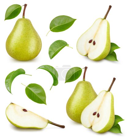Photo for Set of pears with leaves on a white background. Pear with clipping path. - Royalty Free Image