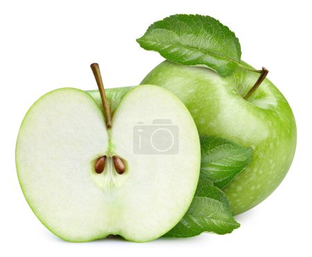 Foto de Una manzana verde y media pieza aislada sobre fondo blanco con camino de recorte - Imagen libre de derechos