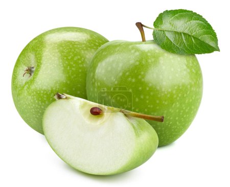 Photo for Isolated apples. Two whole green apples and a slice isolated on white background - Royalty Free Image