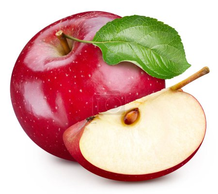 Téléchargez les photos : Pomme rouge avec le chemin vert de coupe de feuille. Pomme fraîche biologique isolée sur blanc. Profondeur de champ complète - en image libre de droit