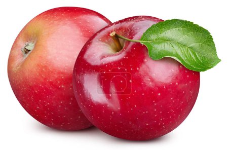 Foto de Fruto de manzana con hoja aislada. Manzana roja entera y la mitad en blanco. Ruta de recorte de manzana. Retoque de gama alta. - Imagen libre de derechos