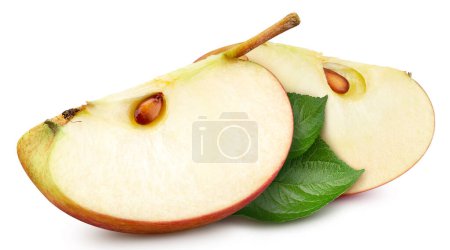 Photo for Apple slice with leaves clipping path. Organic fresh red apple slice isolated on white. Full depth of field - Royalty Free Image