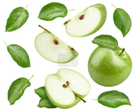 Téléchargez les photos : Isolat de pomme verte. Pommes sur fond blanc. Ensemble, moitié, tranche de pomme verte avec chemin de coupe. - en image libre de droit