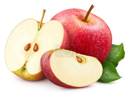 Foto de Fruto de manzana roja con hoja aislada. Hojas de manzana roja sobre blanco. Ruta de recorte de manzana. Retoque de gama alta - Imagen libre de derechos