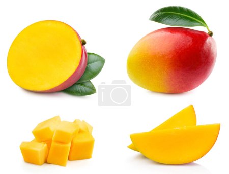 Sammlung von Mangofrüchten und Mango-Scheiben. Mango Isoliert auf weißem Hintergrund. Mango-Schneidepfad