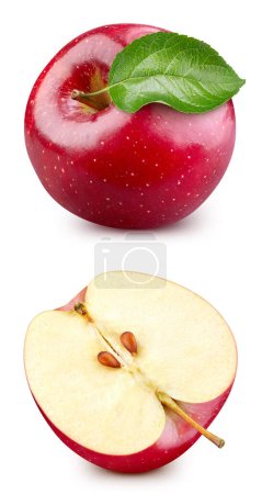 Foto de Una manzana roja. Manzana orgánica fresca con hojas aisladas sobre fondo blanco. Manzana con ruta de recorte - Imagen libre de derechos