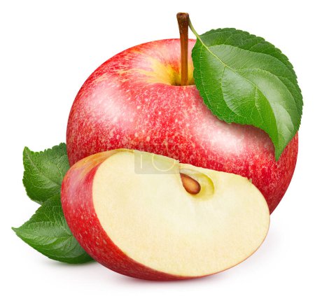 Foto de Manzana roja con hojas aisladas. Manzana sobre fondo blanco. Apéndice rojo con ruta de recorte - Imagen libre de derechos