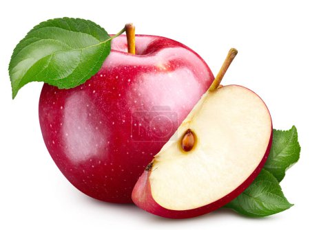 Téléchargez les photos : Pomme rouge aux feuilles isolées. Pomme sur fond blanc. Pomme rouge avec chemin de coupe - en image libre de droit