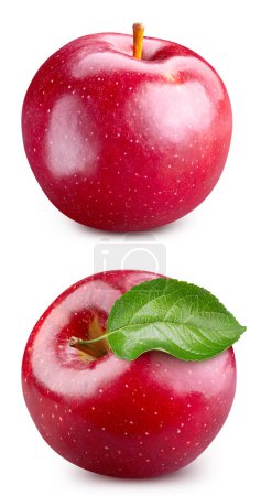 Téléchargez les photos : Pomme rouge aux feuilles isolées. Pomme sur fond blanc. Pomme rouge avec chemin de coupe - en image libre de droit