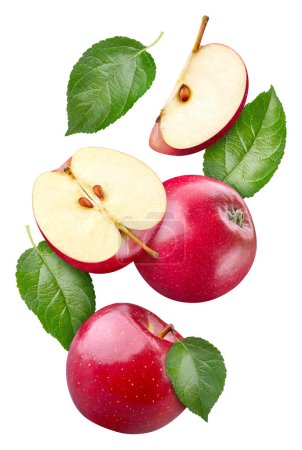 Téléchargez les photos : Pomme rouge volante aux feuilles isolées sur fond blanc. Collection Apple avec chemin de coupe - en image libre de droit
