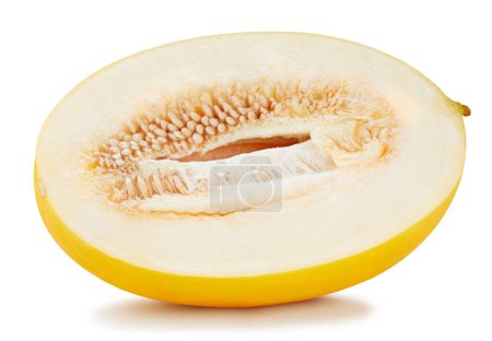 Téléchargez les photos : Melon de galia jaune isolé sur fond blanc. Melon de miellat moitié chemin de coupe. - en image libre de droit