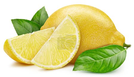 Téléchargez les photos : Groupe de fruits et de feuilles de citron, isolé sur fond blanc. Citron avec chemin de coupe - en image libre de droit