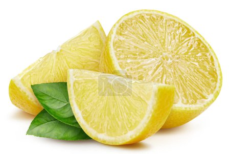 Foto de Cítricos de limón aislados sobre fondo blanco. Mitad limón y rebanada con el camino de recorte. Limón con hojas - Imagen libre de derechos