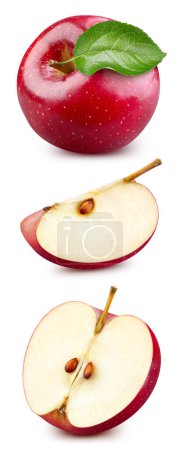 Foto de Fruto de manzana roja con hoja aislada. Hojas de manzana roja sobre blanco. Ruta de recorte de manzana. Retoque de gama alta - Imagen libre de derechos