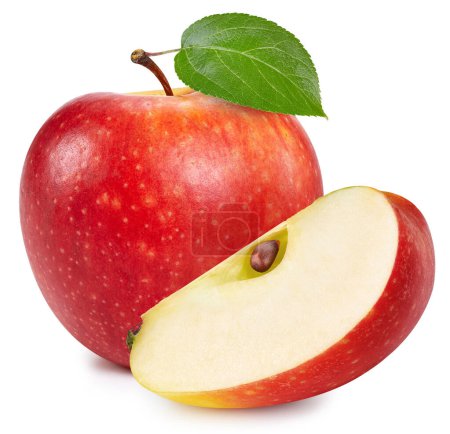 Foto de Manzana roja con hojas aisladas en blanco. Manzanas maduras frescas Recorte Camino - Imagen libre de derechos