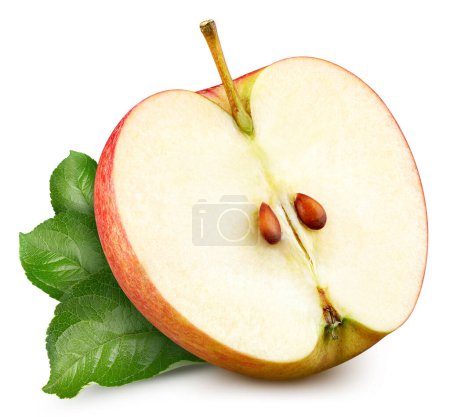 Foto de Manzana roja medio aislada sobre fondo blanco. Hoja de manzana fresca. Recorte camino manzana - Imagen libre de derechos