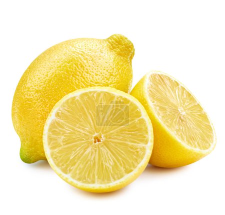 Téléchargez les photos : Agrumes jaunes citron avec des fruits de citron à moitié isolés. Citron avec pat à couper - en image libre de droit