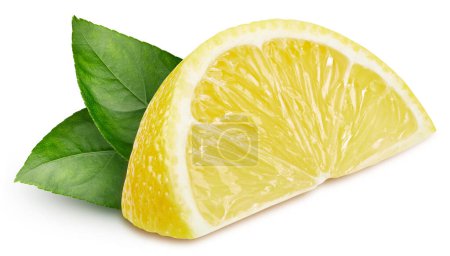 Foto de Rebanadas deliciosa fruta de limón, aislado sobre fondo blanco. Rebanada de limón con hojas recortando camino - Imagen libre de derechos