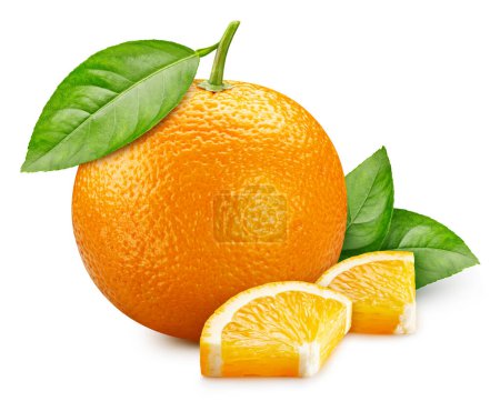 Foto de Naranja aislado sobre fondo blanco. Camino de recorte de naranja fresca madura. Naranja con hoja - Imagen libre de derechos