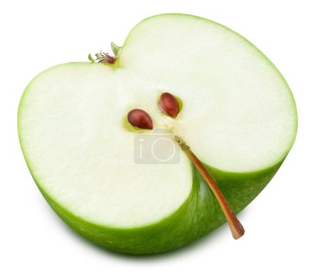Foto de Primer plano de manzana verde medio aislada sobre blanco. Manzanas maduras frescas Recorte Camino - Imagen libre de derechos