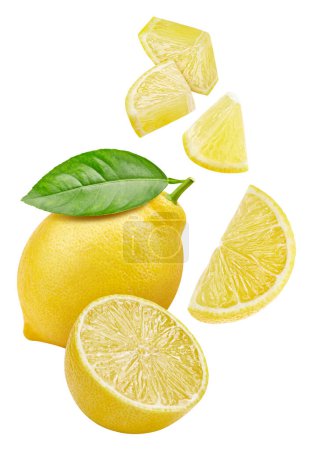 Photo for Ripe lemon slices isolated on white background. Ripe lemon with leaves clipping path. Flying lemon fruits. - Royalty Free Image