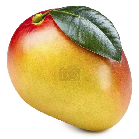 Téléchargez les photos : Mangue mûre avec feuille verte sur fond blanc. Chemin de coupe de mangue. - en image libre de droit