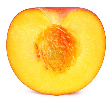 Photo for Peach half isolated on white background. Peach fruit clipping path. Peach macro studio photo - Royalty Free Image